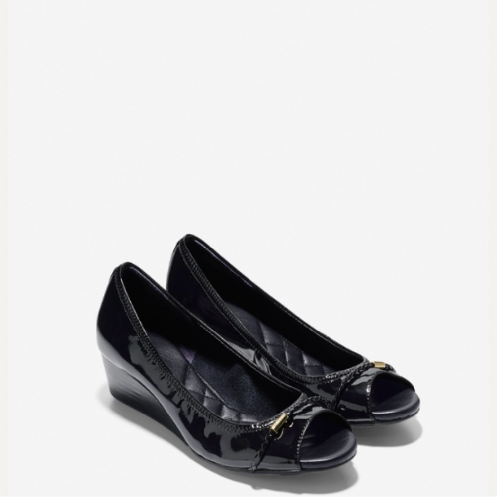 Cole Haan Braided Patent Leather Peep Toe Wedges